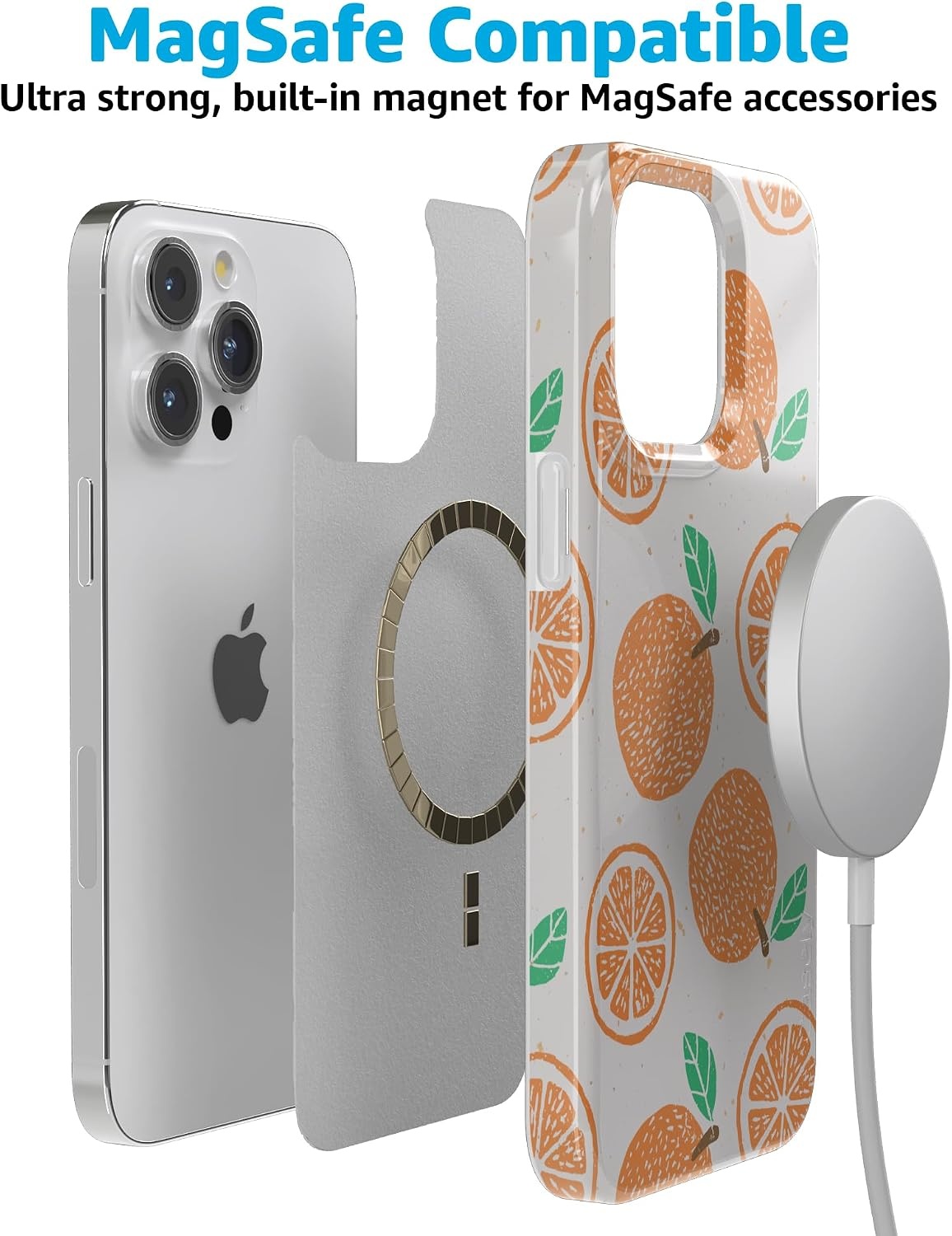image:imageCasely iPhone 15 Pro Max Case Clear Skies Clear Shimmer Compatible with MagSafe Classic Ultra Slim DesignMain Squeeze Orange Stamped