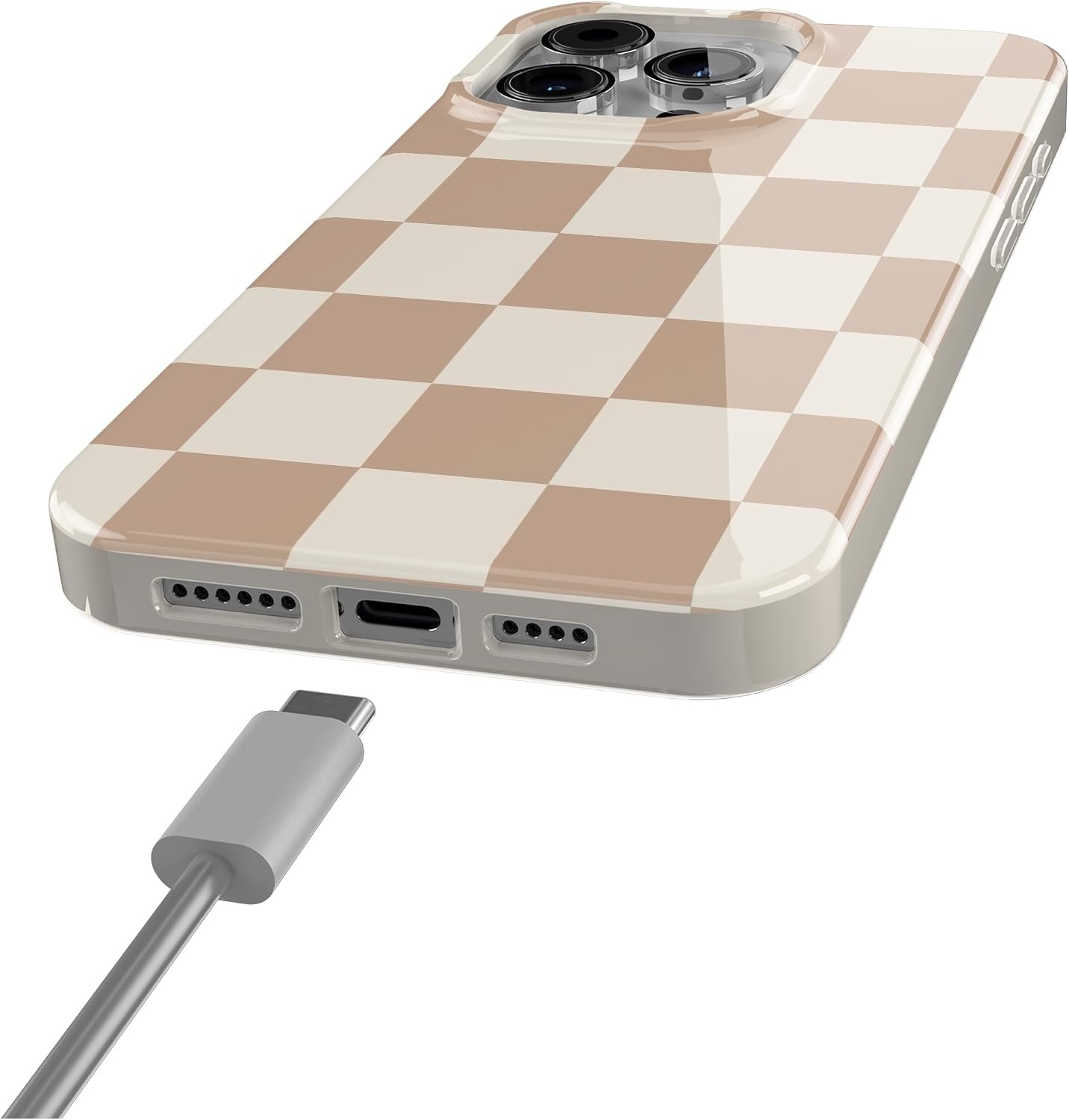 image:imageCasely iPhone 15 Pro Max Case Clear Skies Clear Shimmer Compatible with MagSafe Classic Ultra Slim DesignNeutral Checkerboard Fit Check