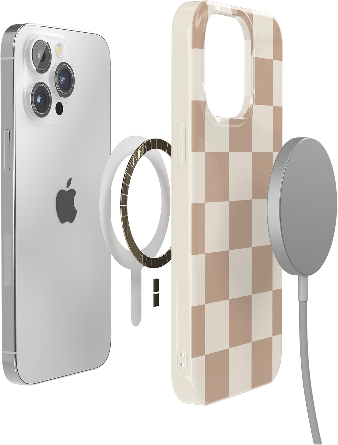 image:imageCasely iPhone 15 Pro Max Case Clear Skies Clear Shimmer Compatible with MagSafe Classic Ultra Slim DesignNeutral Checkerboard Fit Check