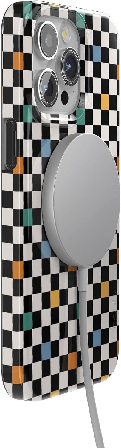 image:imageCasely iPhone 15 Pro Max Case Clear Skies Clear Shimmer Compatible with MagSafe Classic Ultra Slim DesignOld Skool Retro Checkerboard