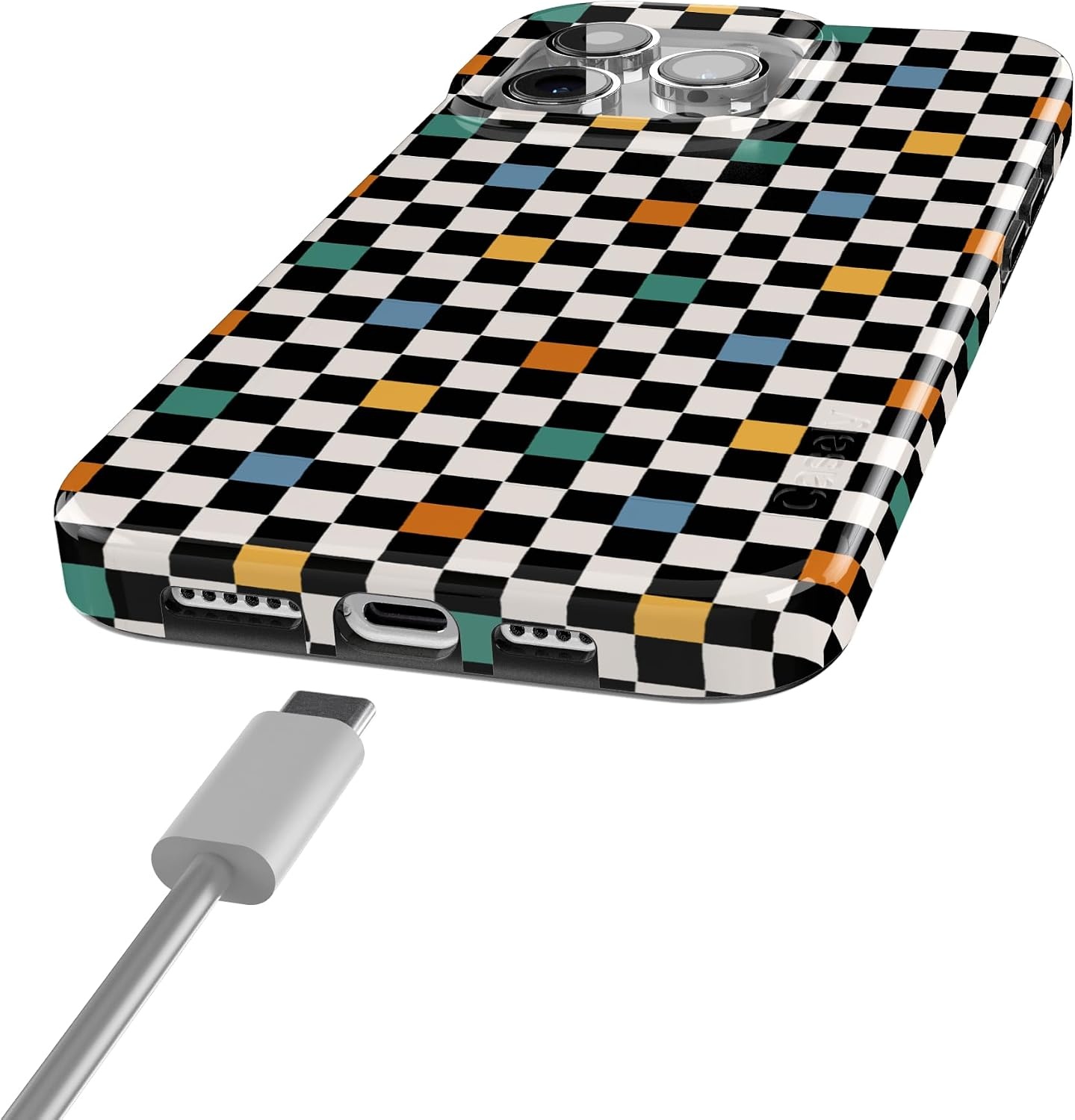 image:imageCasely iPhone 15 Pro Max Case Clear Skies Clear Shimmer Compatible with MagSafe Classic Ultra Slim DesignOld Skool Retro Checkerboard