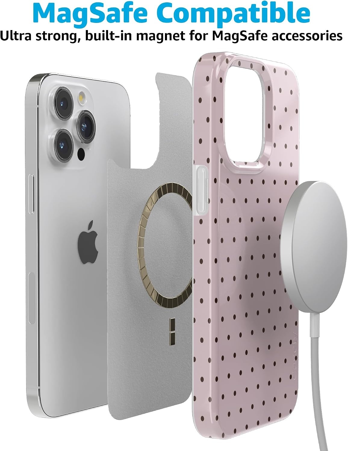 image:imageCasely iPhone 15 Pro Max Case Clear Skies Clear Shimmer Compatible with MagSafe Classic Ultra Slim DesignOn the Dot Pink Polka Dot