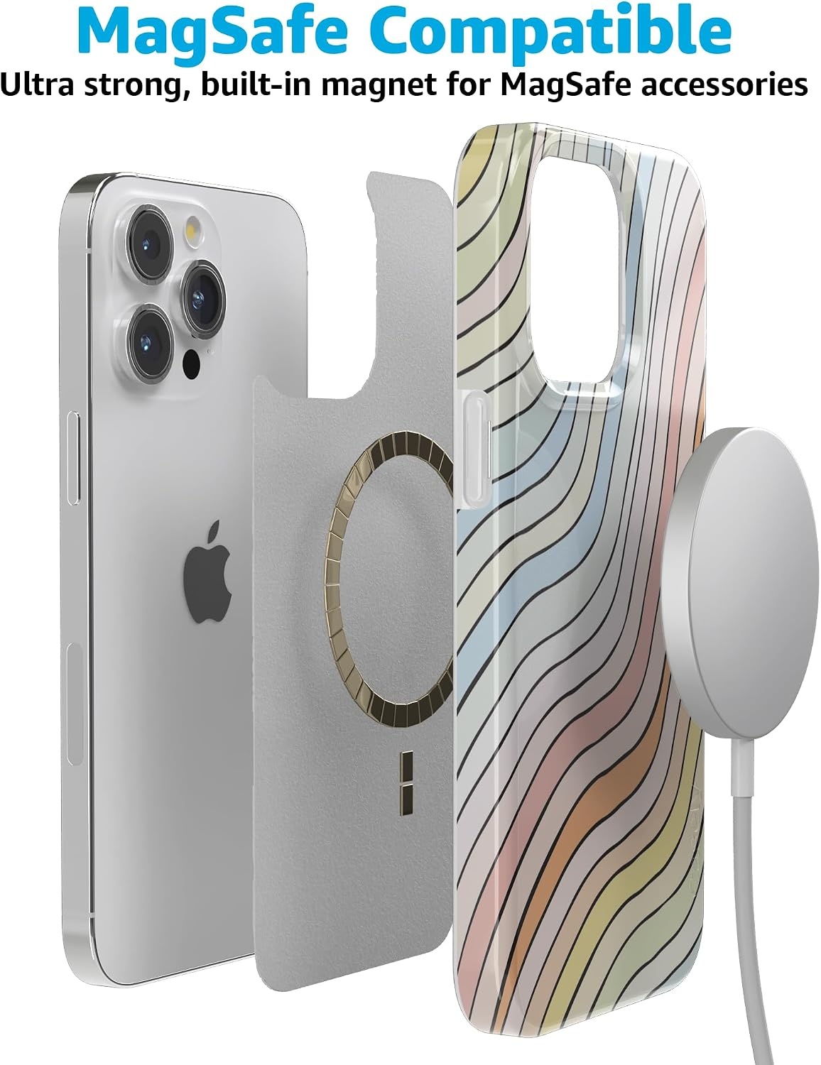 image:imageCasely iPhone 15 Pro Max Case Clear Skies Clear Shimmer Compatible with MagSafe Classic Ultra Slim DesignRide The Wave Pastel Rainbow Lined