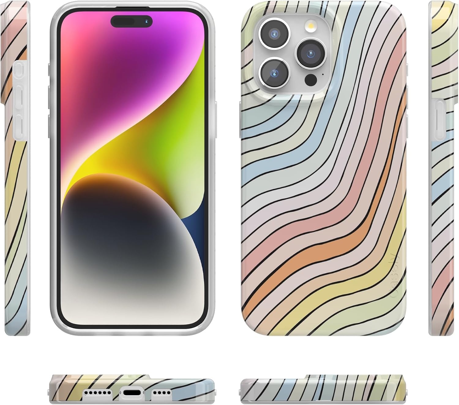 image:imageCasely iPhone 15 Pro Max Case Clear Skies Clear Shimmer Compatible with MagSafe Classic Ultra Slim DesignRide The Wave Pastel Rainbow Lined