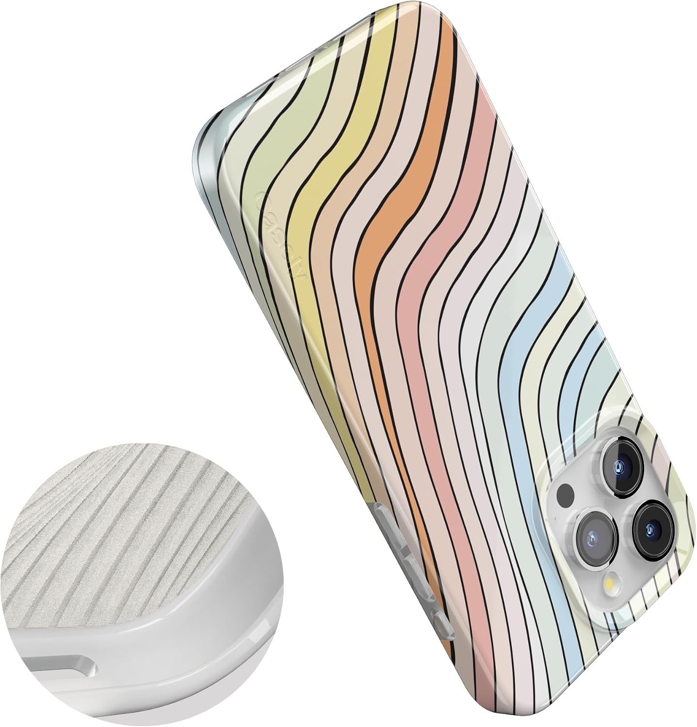 image:imageCasely iPhone 15 Pro Max Case Clear Skies Clear Shimmer Compatible with MagSafe Classic Ultra Slim DesignRide The Wave Pastel Rainbow Lined