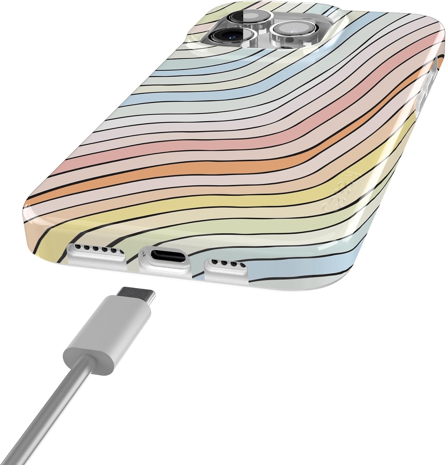 image:imageCasely iPhone 15 Pro Max Case Clear Skies Clear Shimmer Compatible with MagSafe Classic Ultra Slim DesignRide The Wave Pastel Rainbow Lined