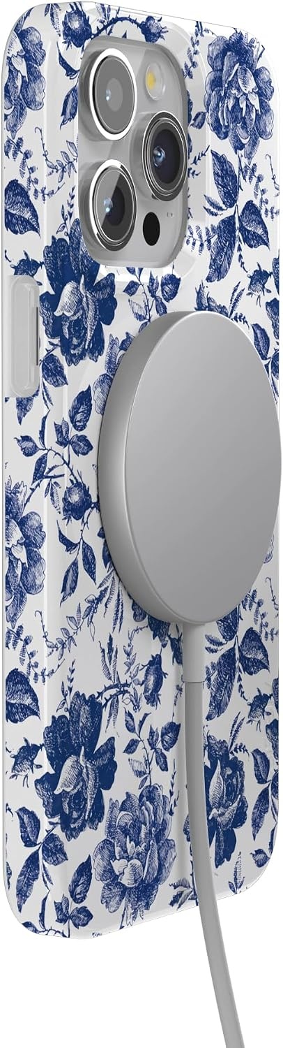 image:imageCasely iPhone 15 Pro Max Case Clear Skies Clear Shimmer Compatible with MagSafe Classic Ultra Slim DesignRose to Fame Blue White Rose Floral