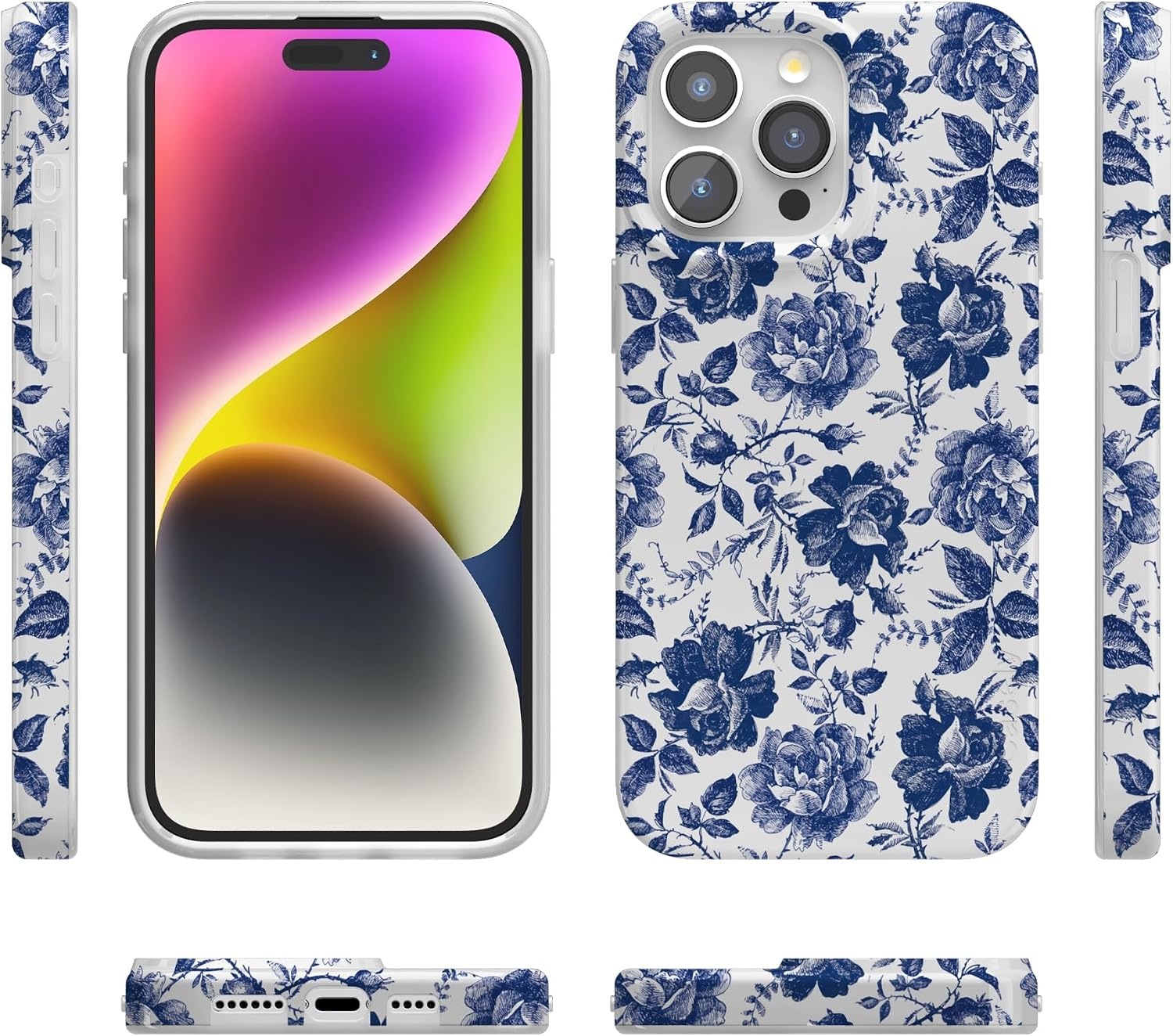 image:imageCasely iPhone 15 Pro Max Case Clear Skies Clear Shimmer Compatible with MagSafe Classic Ultra Slim DesignRose to Fame Blue White Rose Floral