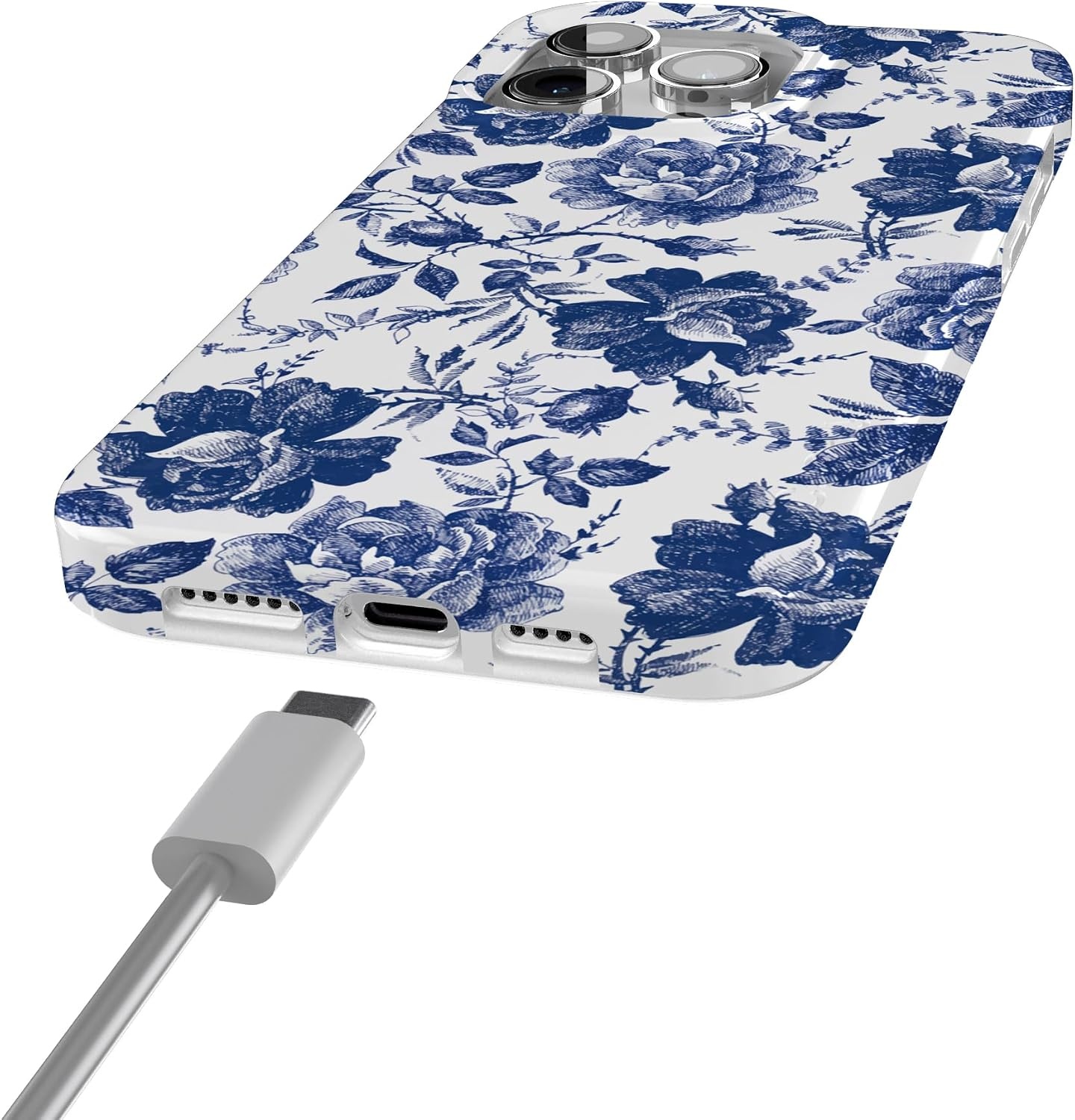 image:imageCasely iPhone 15 Pro Max Case Clear Skies Clear Shimmer Compatible with MagSafe Classic Ultra Slim DesignRose to Fame Blue White Rose Floral