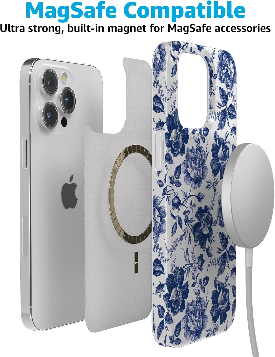 image:imageCasely iPhone 15 Pro Max Case Clear Skies Clear Shimmer Compatible with MagSafe Classic Ultra Slim DesignRose to Fame Blue White Rose Floral