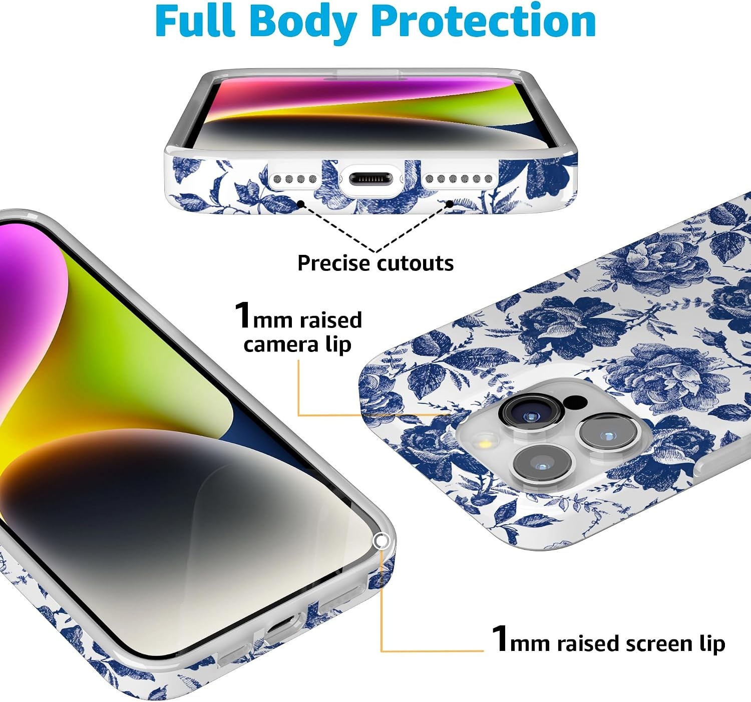 image:imageCasely iPhone 15 Pro Max Case Clear Skies Clear Shimmer Compatible with MagSafe Classic Ultra Slim DesignRose to Fame Blue White Rose Floral