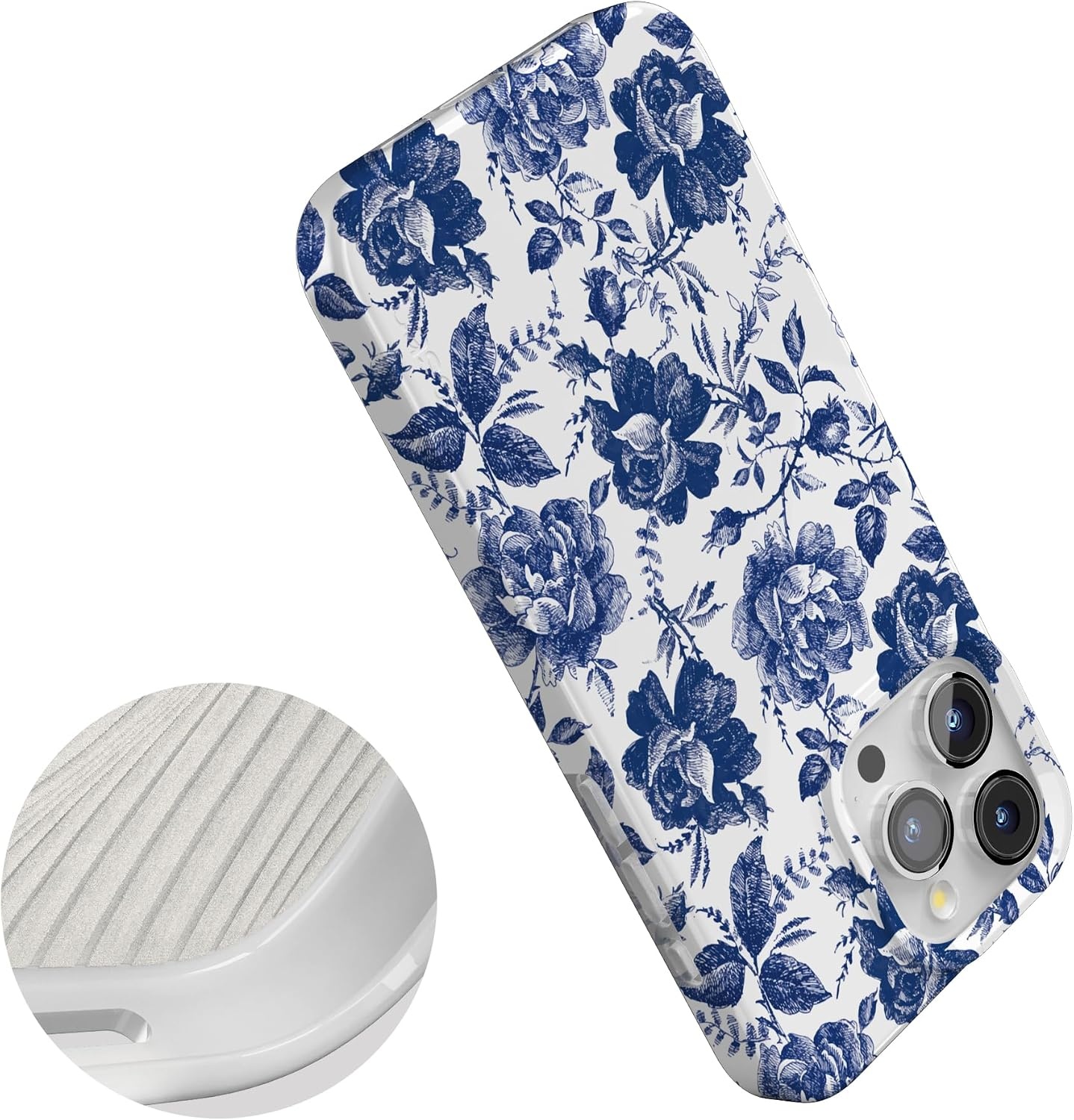 image:imageCasely iPhone 15 Pro Max Case Clear Skies Clear Shimmer Compatible with MagSafe Classic Ultra Slim DesignRose to Fame Blue White Rose Floral