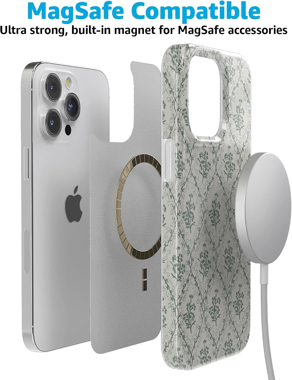 image:imageCasely iPhone 15 Pro Max Case Clear Skies Clear Shimmer Compatible with MagSafe Classic Ultra Slim DesignSage Tapestry Floral Vines