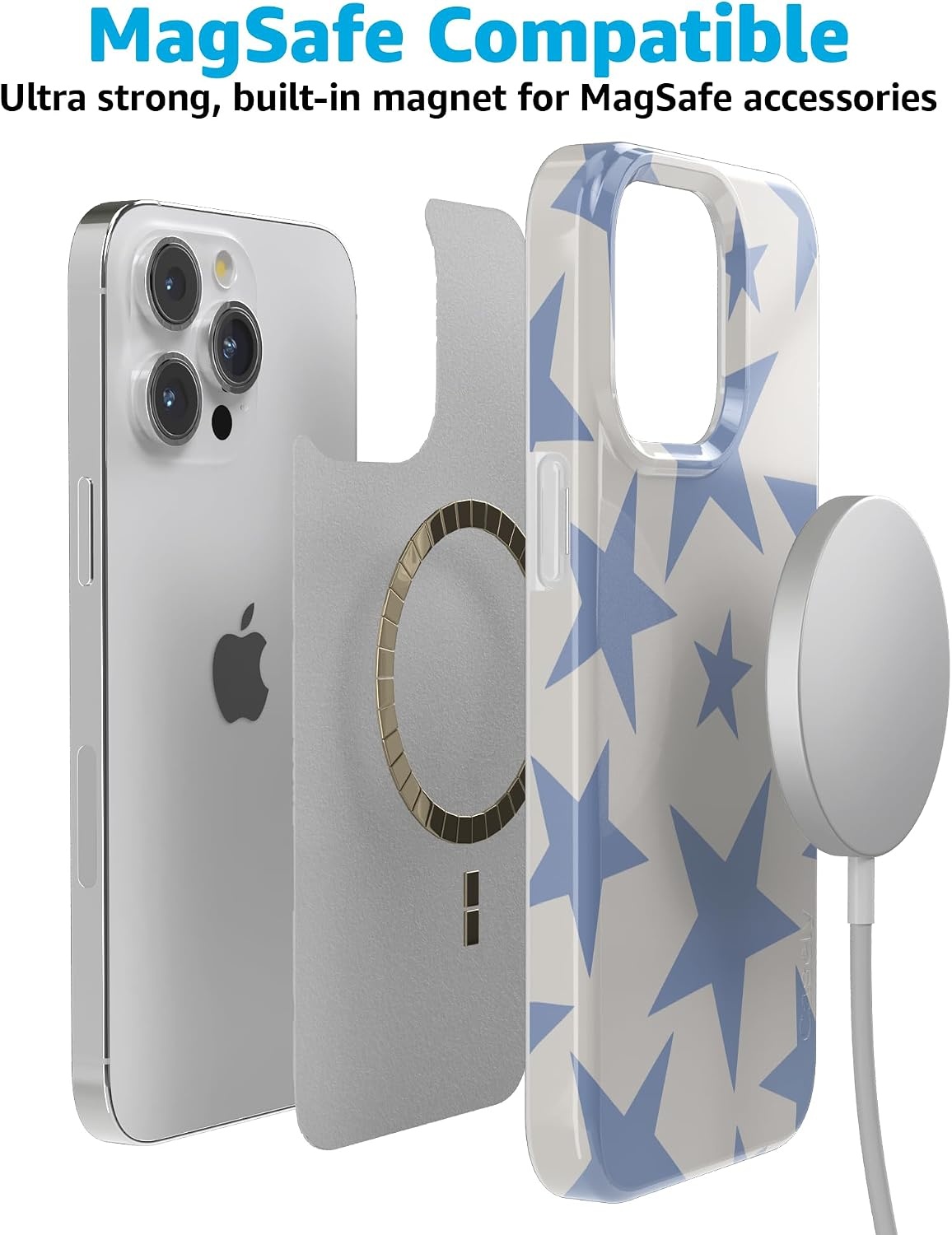 image:imageCasely iPhone 15 Pro Max Case Clear Skies Clear Shimmer Compatible with MagSafe Classic Ultra Slim DesignStars Align Blue White Stars