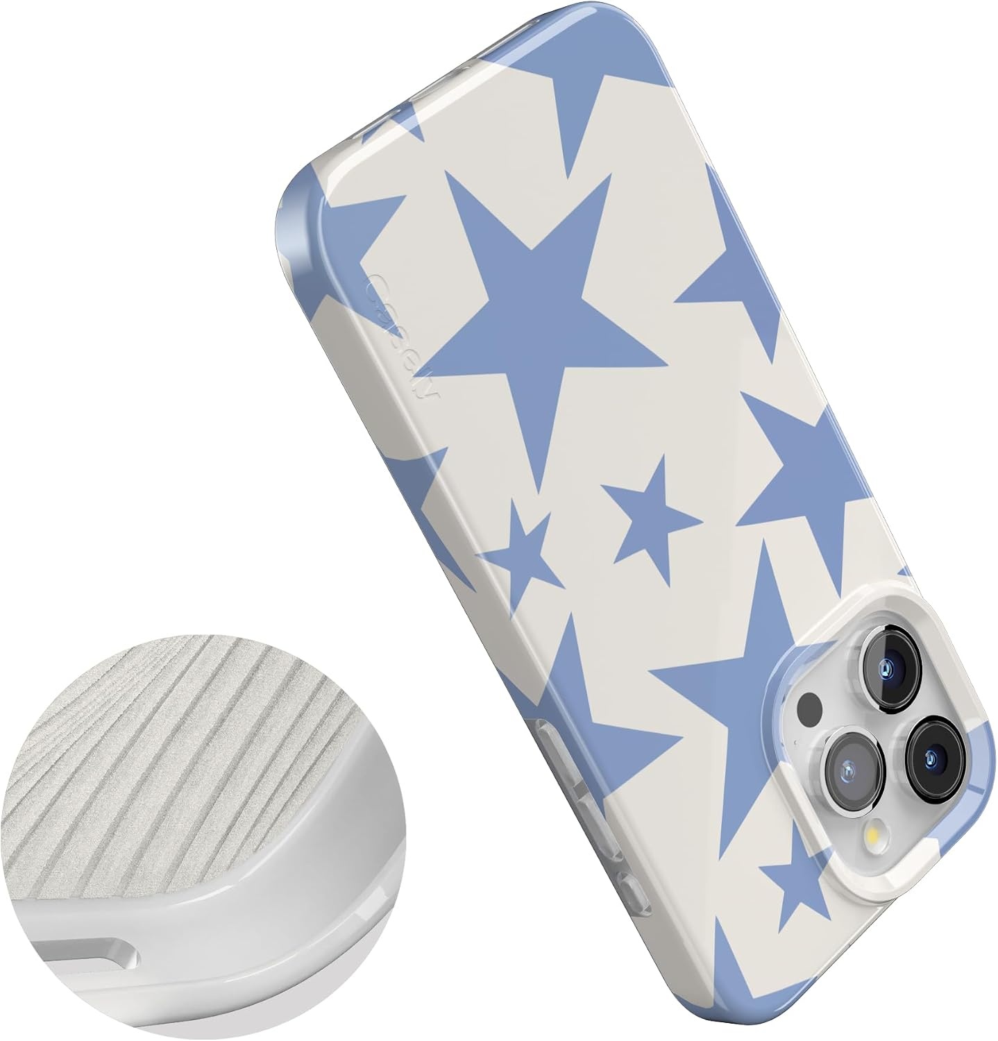 image:imageCasely iPhone 15 Pro Max Case Clear Skies Clear Shimmer Compatible with MagSafe Classic Ultra Slim DesignStars Align Blue White Stars