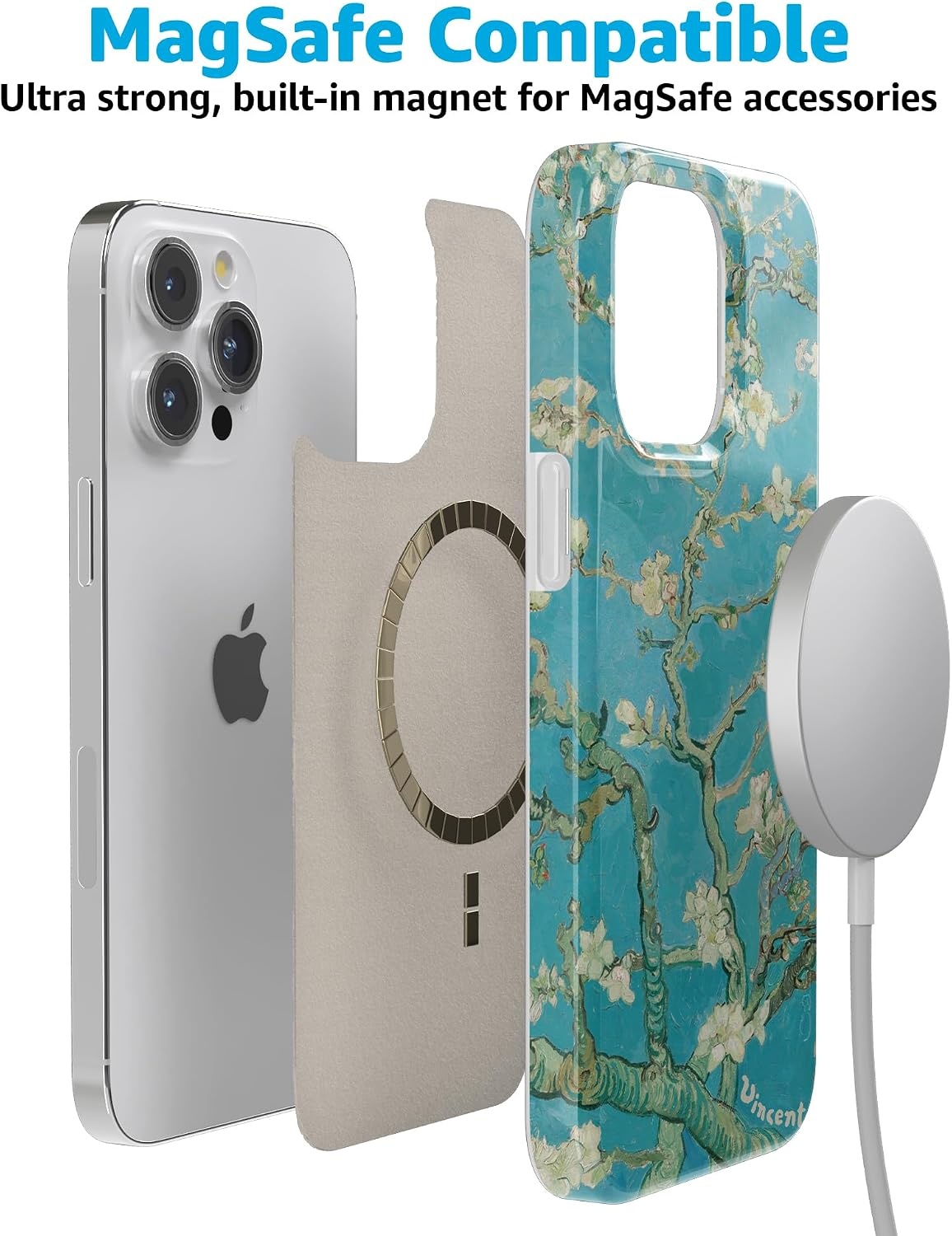image:imageCasely iPhone 15 Pro Max Case Clear Skies Clear Shimmer Compatible with MagSafe Classic Ultra Slim DesignVan Gogh Almond Blossom Floral