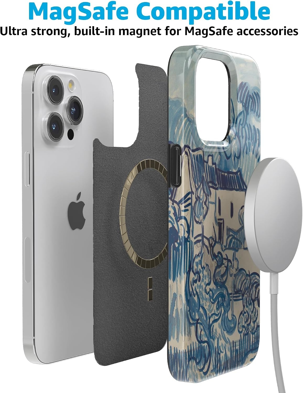 image:imageCasely iPhone 15 Pro Max Case Clear Skies Clear Shimmer Compatible with MagSafe Classic Ultra Slim DesignVan Gogh Landscape With Houses