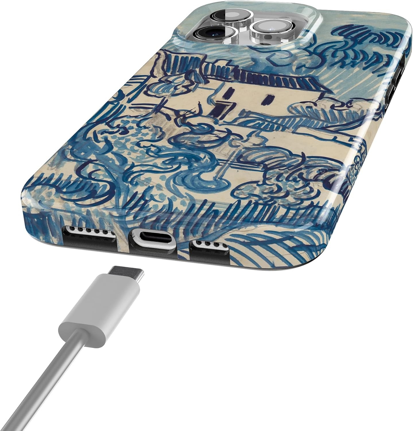 image:imageCasely iPhone 15 Pro Max Case Clear Skies Clear Shimmer Compatible with MagSafe Classic Ultra Slim DesignVan Gogh Landscape With Houses