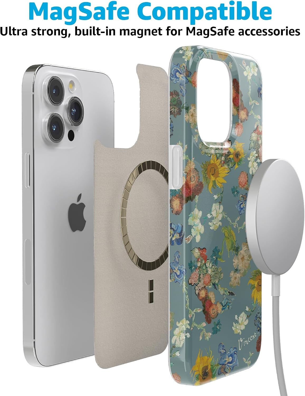 image:imageCasely iPhone 15 Pro Max Case Clear Skies Clear Shimmer Compatible with MagSafe Classic Ultra Slim DesignVan Gogh Vincents Flowers