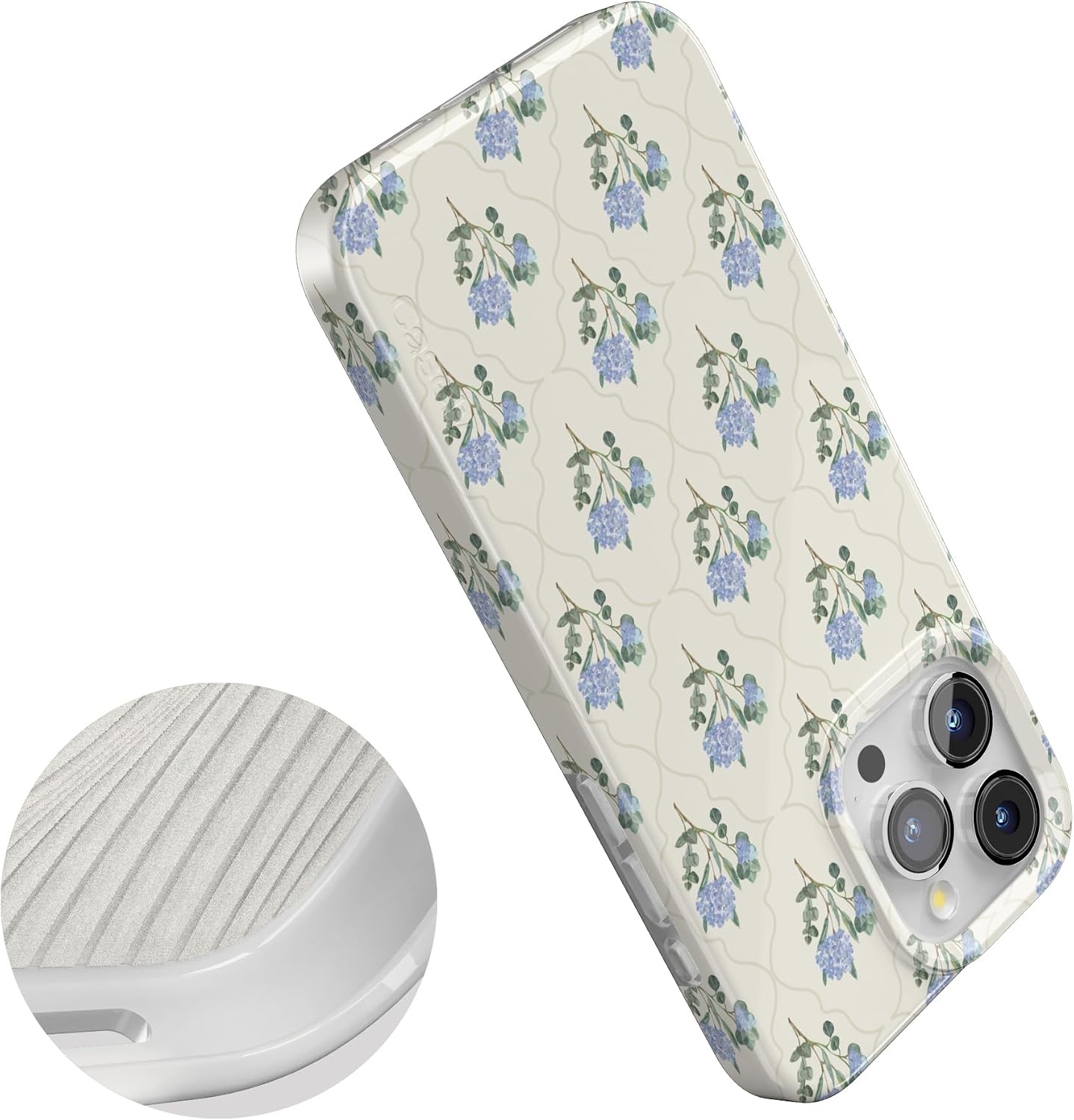 image:imageCasely iPhone 15 Pro Max Case Clear Skies Clear Shimmer Compatible with MagSafe Classic Ultra Slim DesignVintage Garden Blue Hydrangea