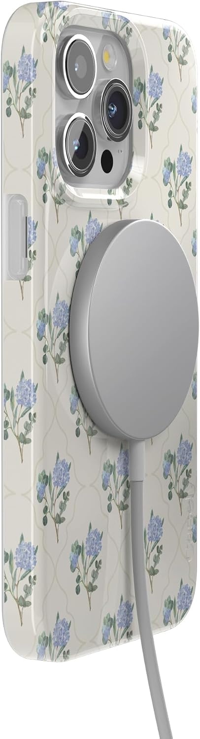 image:imageCasely iPhone 15 Pro Max Case Clear Skies Clear Shimmer Compatible with MagSafe Classic Ultra Slim DesignVintage Garden Blue Hydrangea
