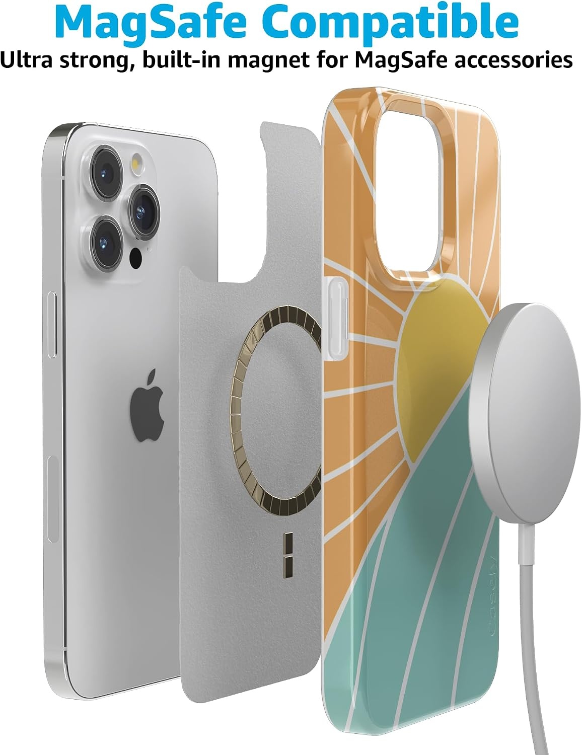 image:imageCasely iPhone 15 Pro Max Case Clear Skies Clear Shimmer Compatible with MagSafe Classic Ultra Slim DesignWaves Rays Sunshine