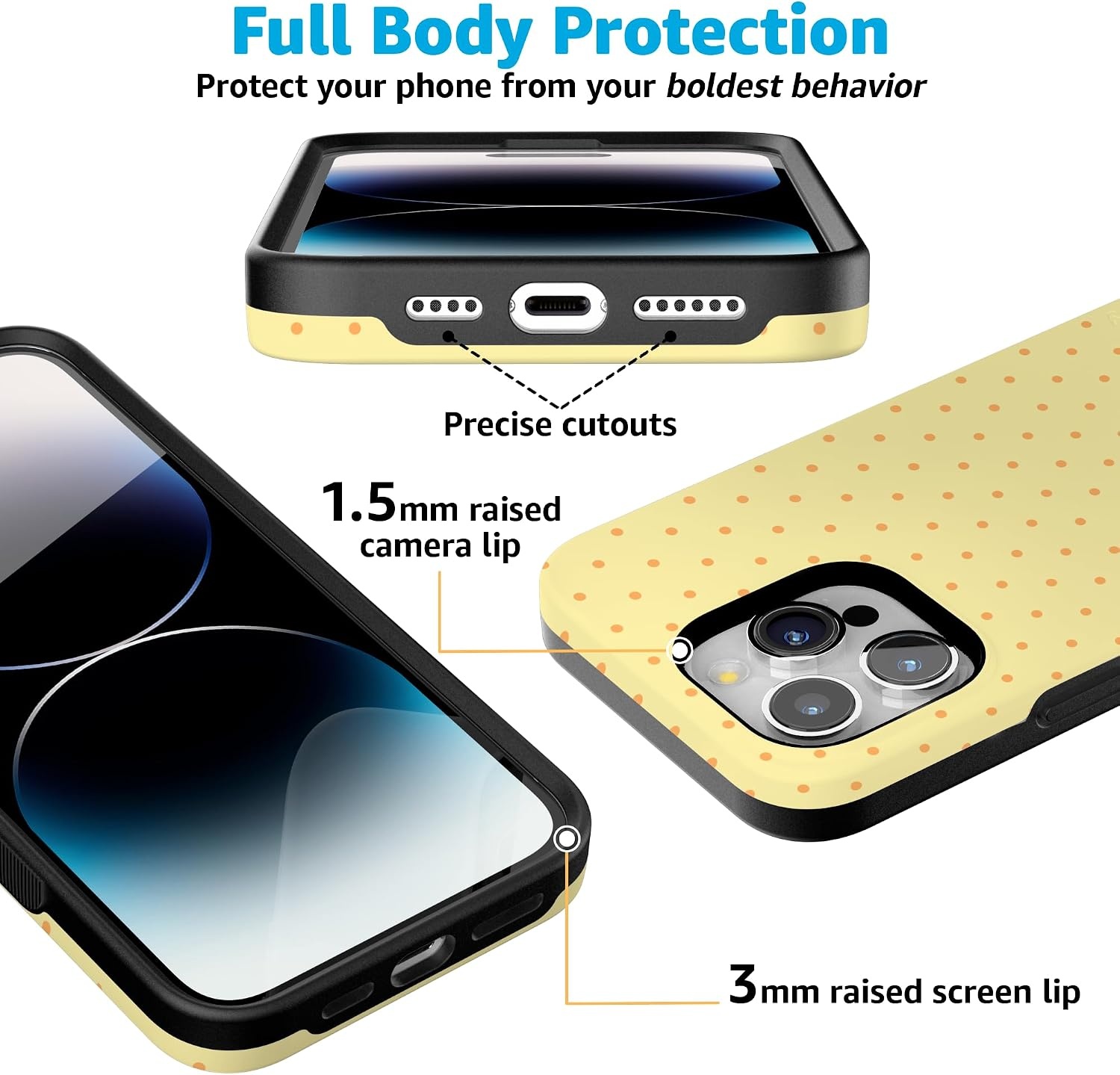 image:imageCasely iPhone 15 Pro Max Case On the Dot Yellow Polka Dot Bold Protective Design Compatible with MagSafe