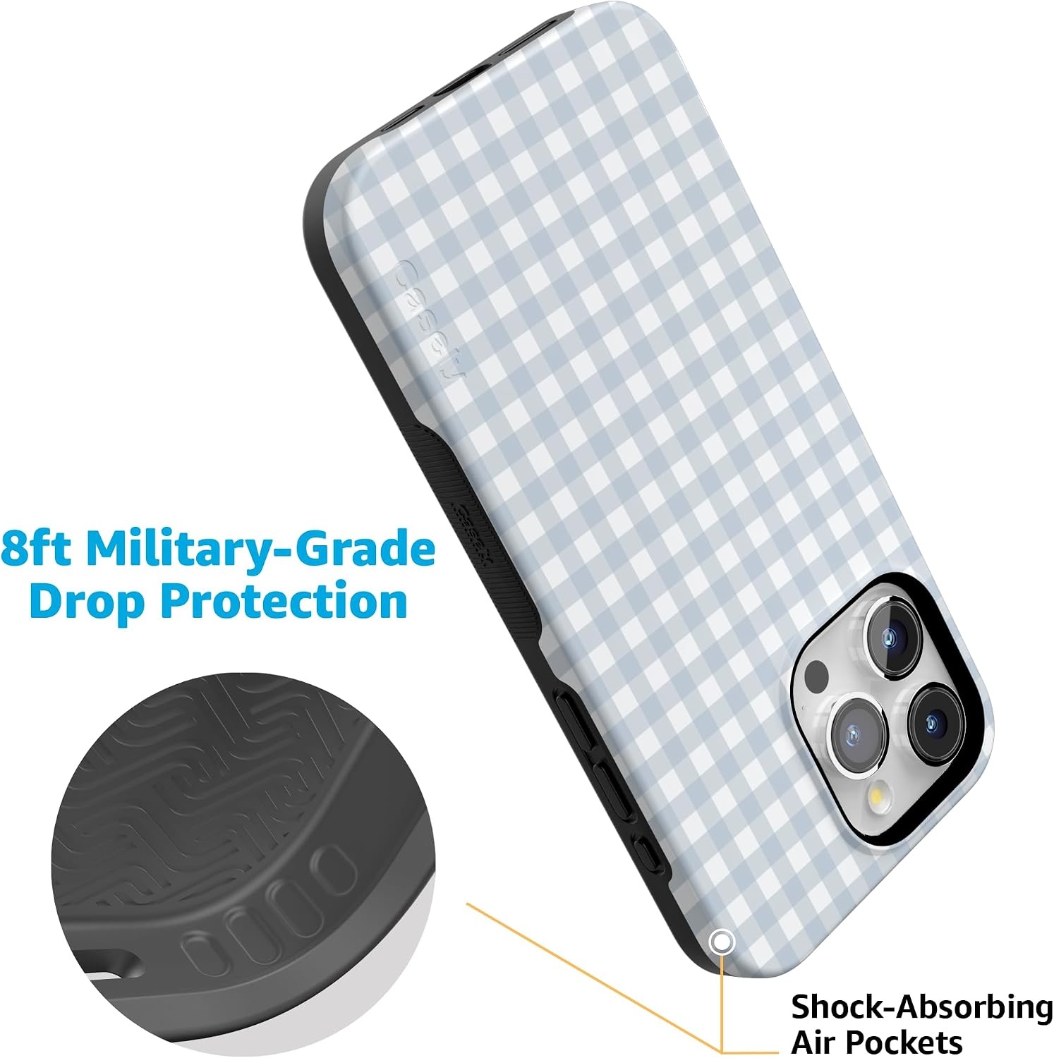 image:imageCasely iPhone 15 Pro Max Case Pastel Picnic Blue Gingham Bold Protective Design Compatible with MagSafe