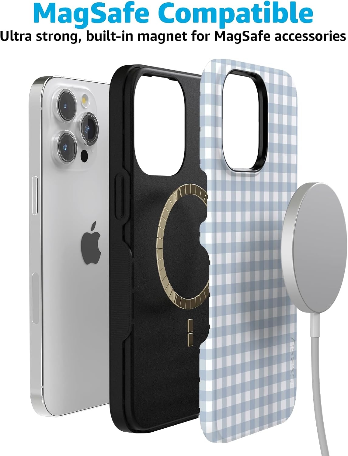 image:imageCasely iPhone 15 Pro Max Case Pastel Picnic Blue Gingham Bold Protective Design Compatible with MagSafe