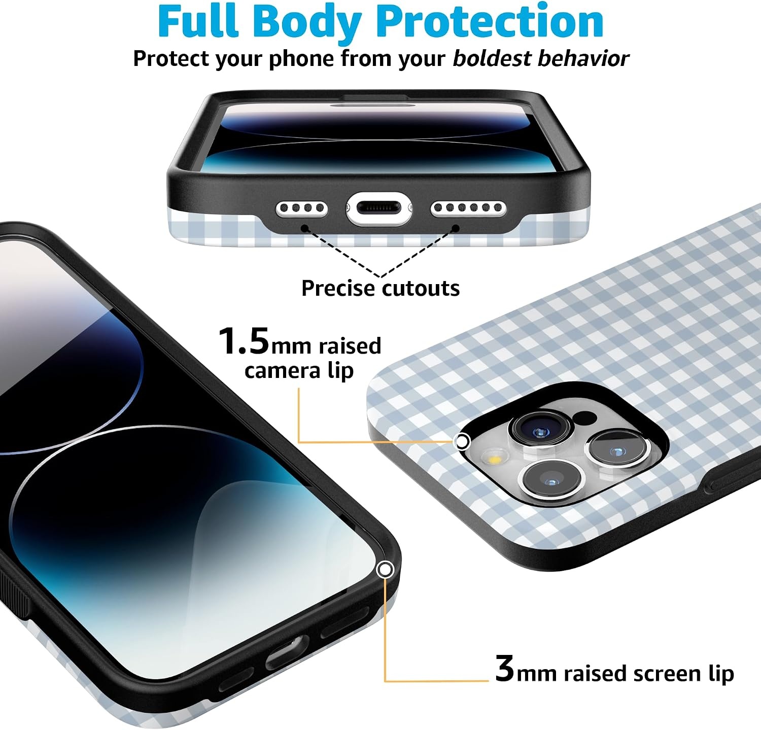 image:imageCasely iPhone 15 Pro Max Case Pastel Picnic Blue Gingham Bold Protective Design Compatible with MagSafe
