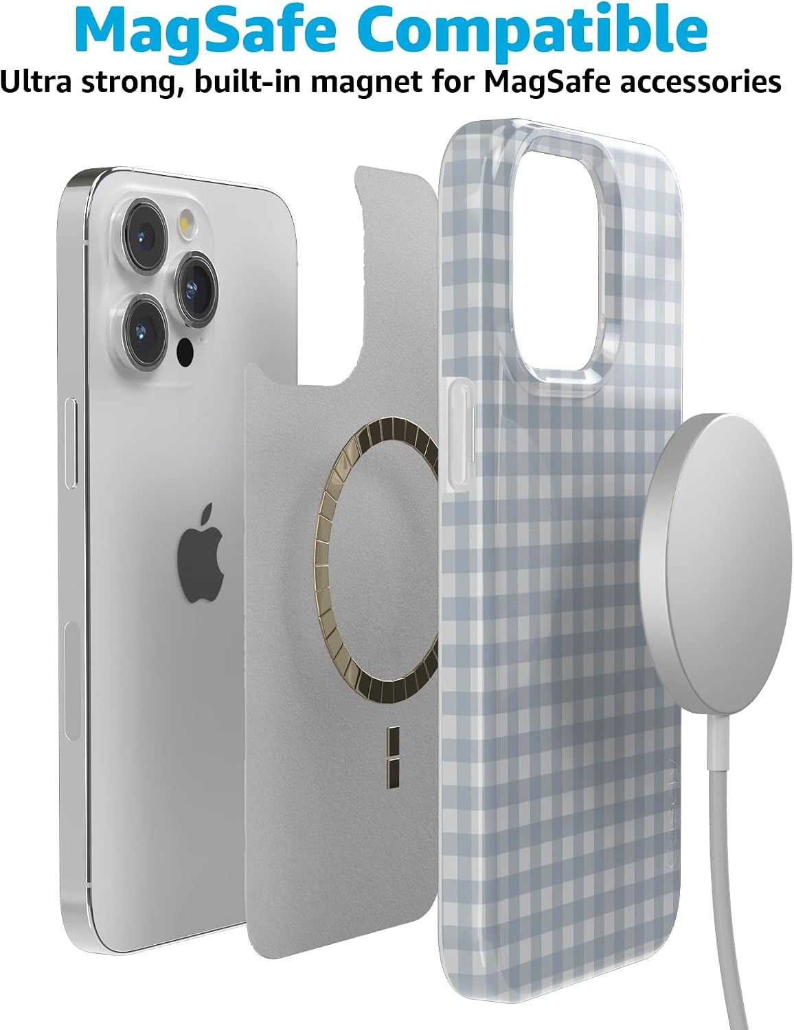 image:imageCasely iPhone 15 Pro Max Case Pastel Picnic Blue Gingham Compatible with MagSafe Classic Ultra Thin Design