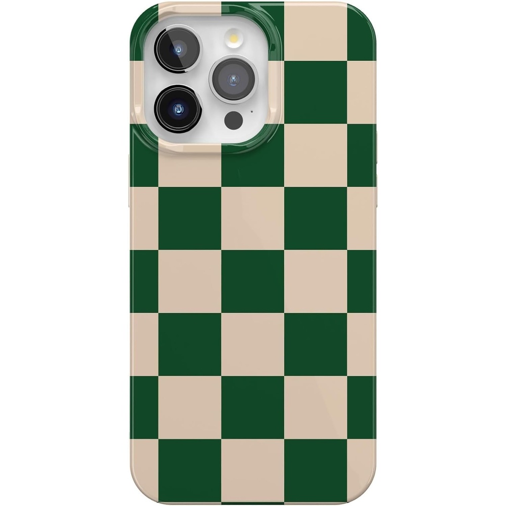 image:imageCasely iPhone 15 Pro Max Case Clear Skies Clear Shimmer Compatible with MagSafe Classic Ultra Slim DesignFit Check Green Checkerboard