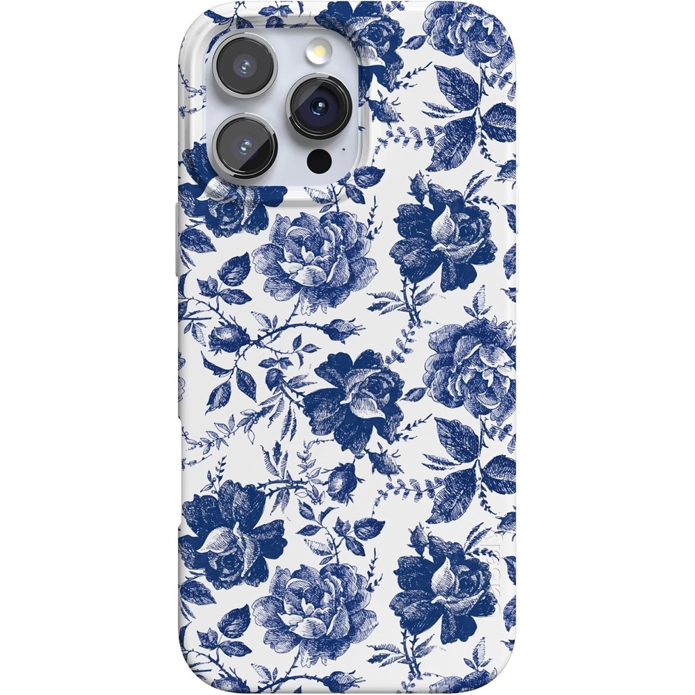 image:imageCasely iPhone 15 Pro Max Case Clear Skies Clear Shimmer Compatible with MagSafe Classic Ultra Slim DesignRose to Fame Blue White Rose Floral